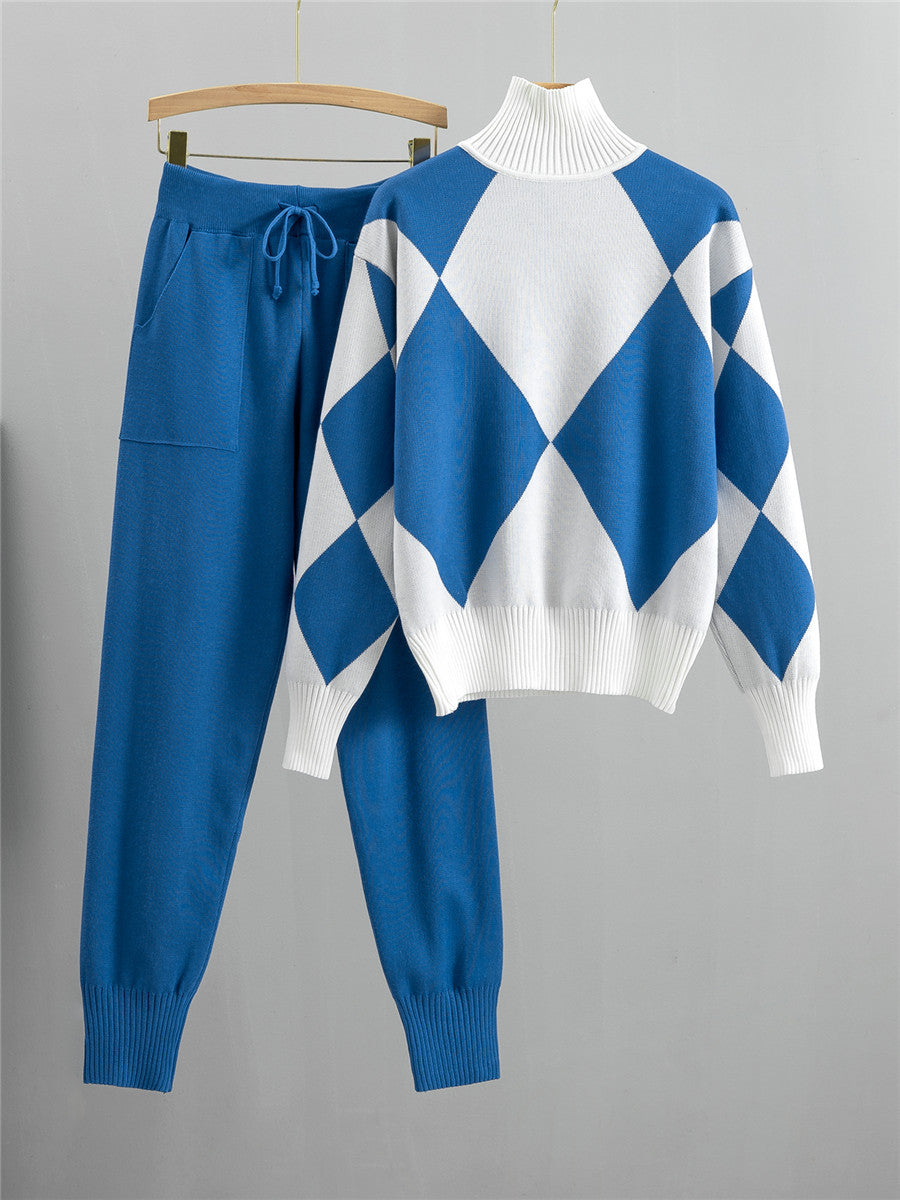 Women Knitted Plaid Two Piece Set