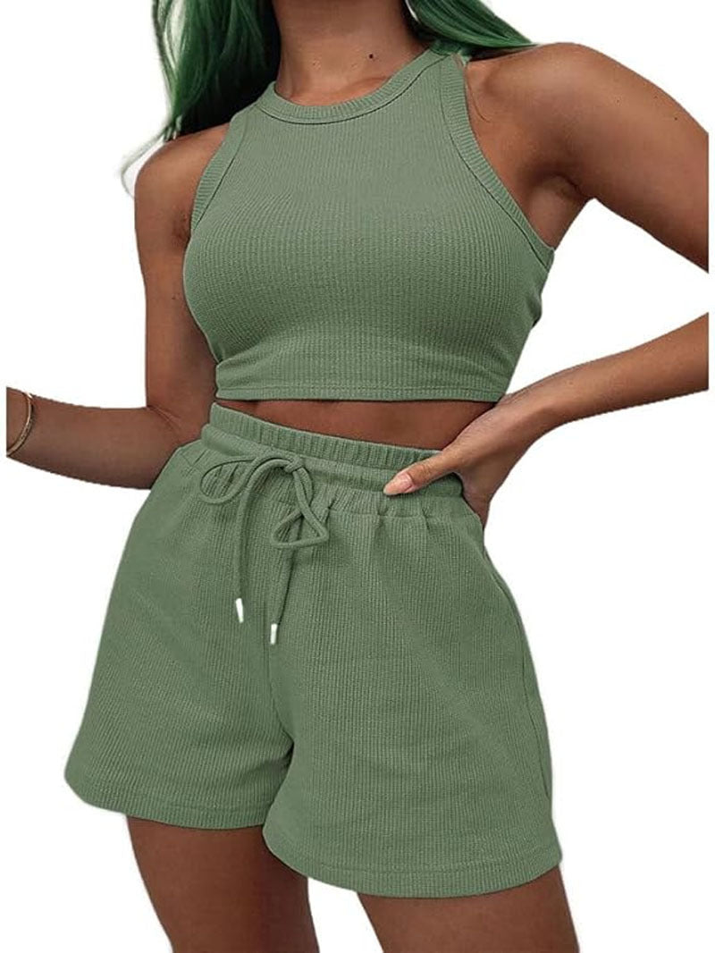Waffle Texture Sleeveless Vest and Drawstring Shorts