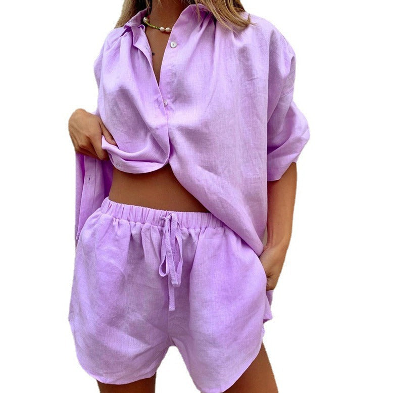 Womens Summer Short Sleeve Shirt and Shorts Set