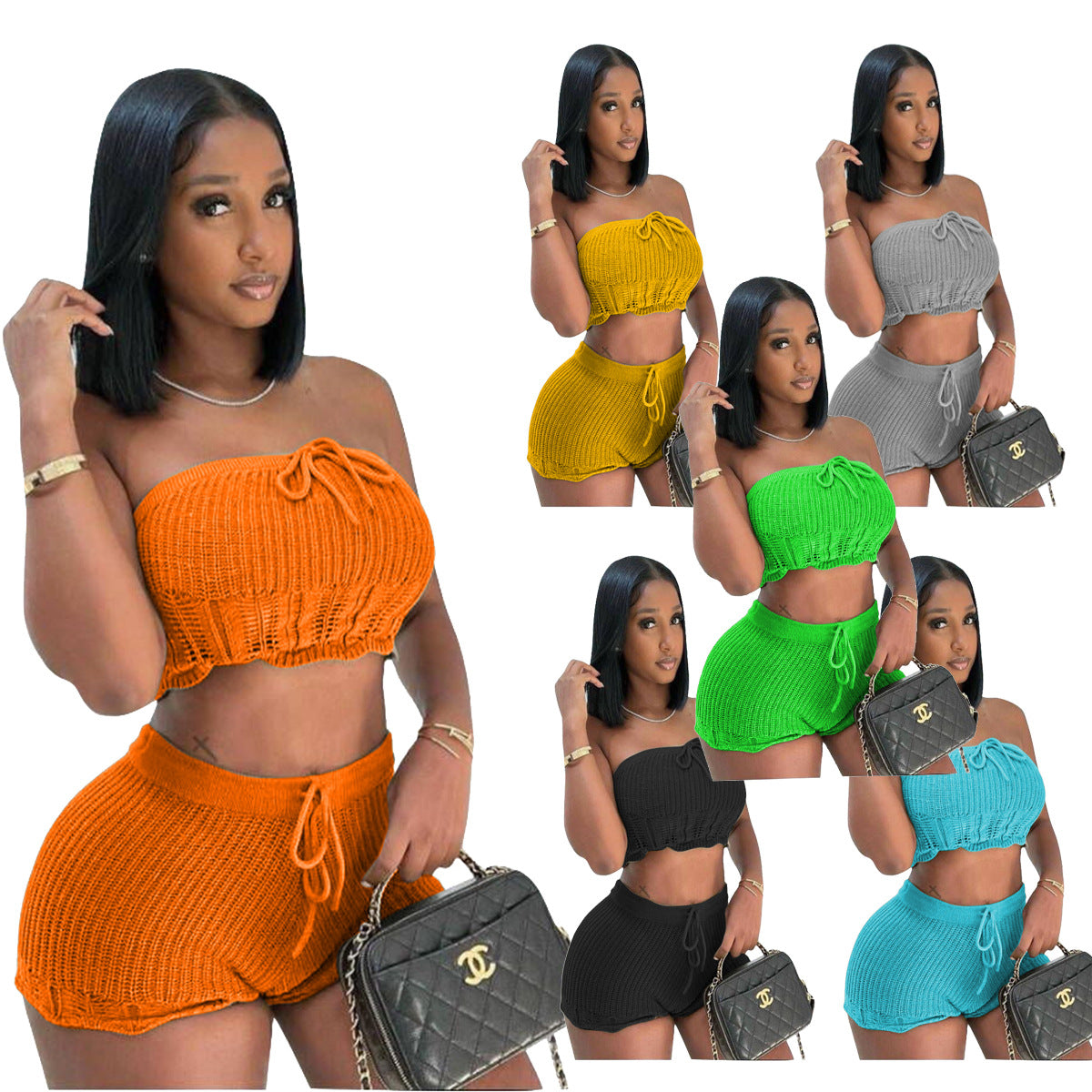 Knitted tube top and shorts