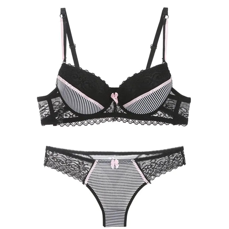 Lace Striped Lingerie Set with Bra and Panties
