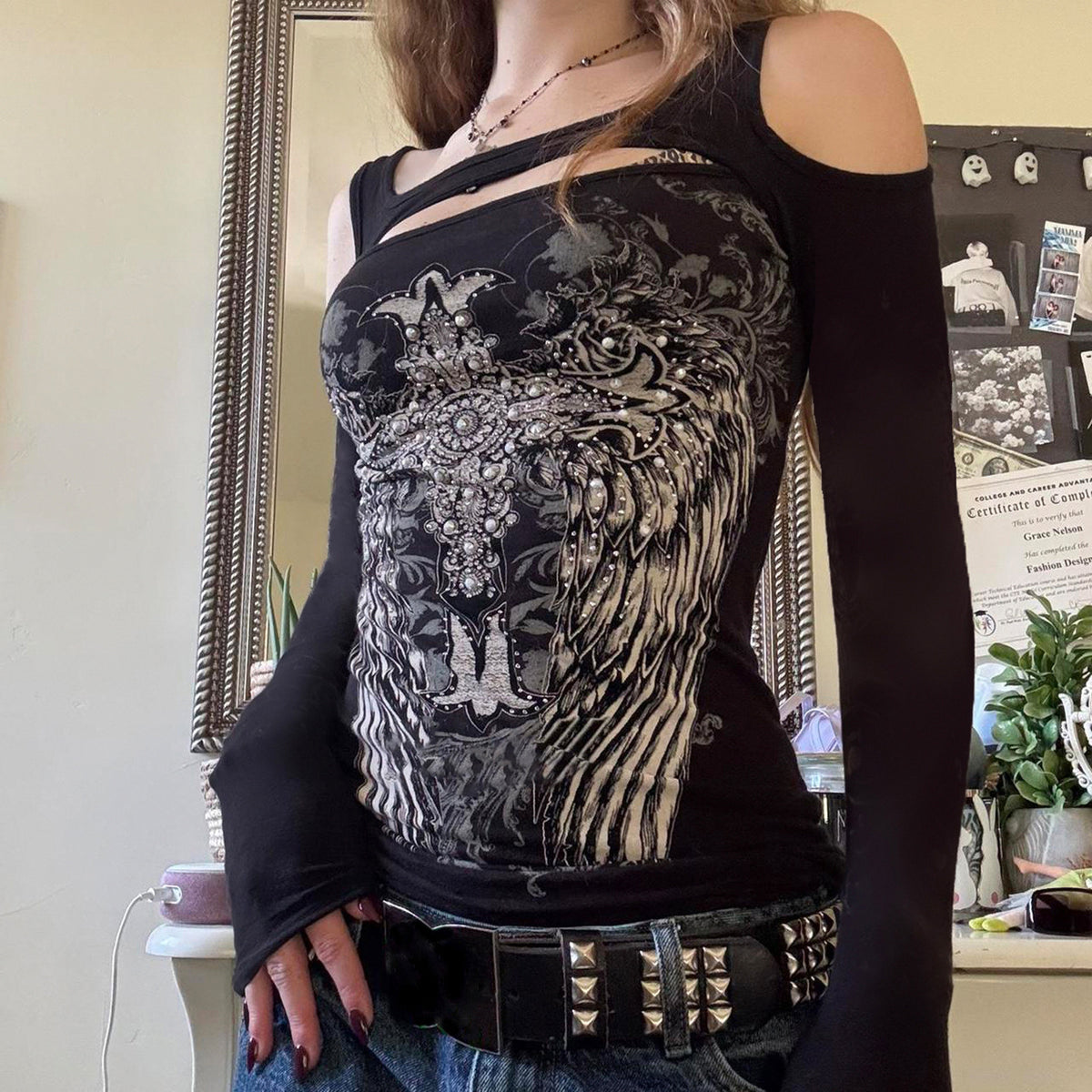 Womens Asymmetrical Off-Shoulder Long Sleeve T-Shirt