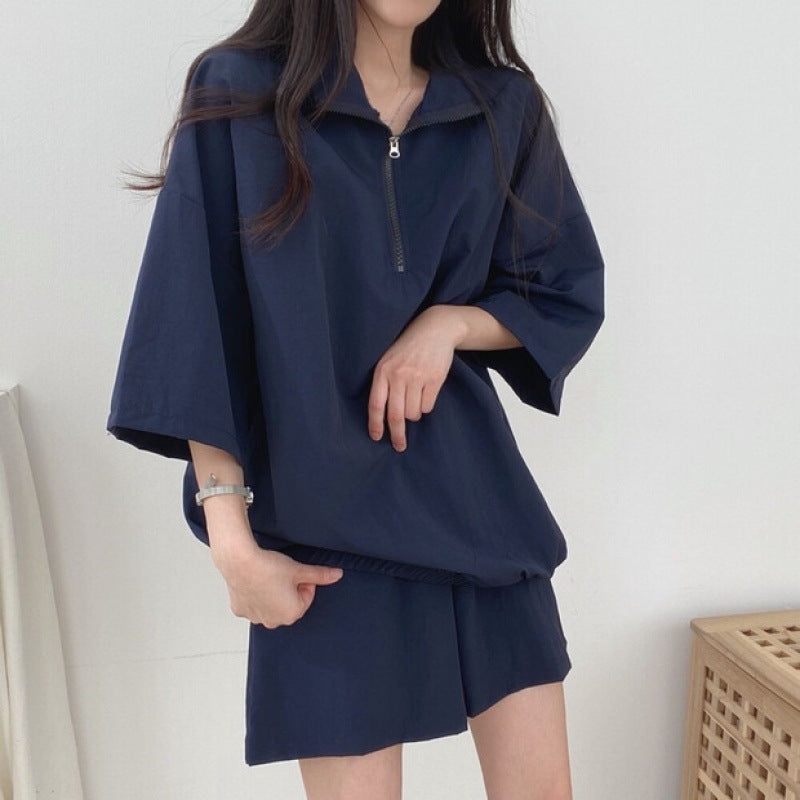 Women's High Collar Zipper Two-Piece Set
