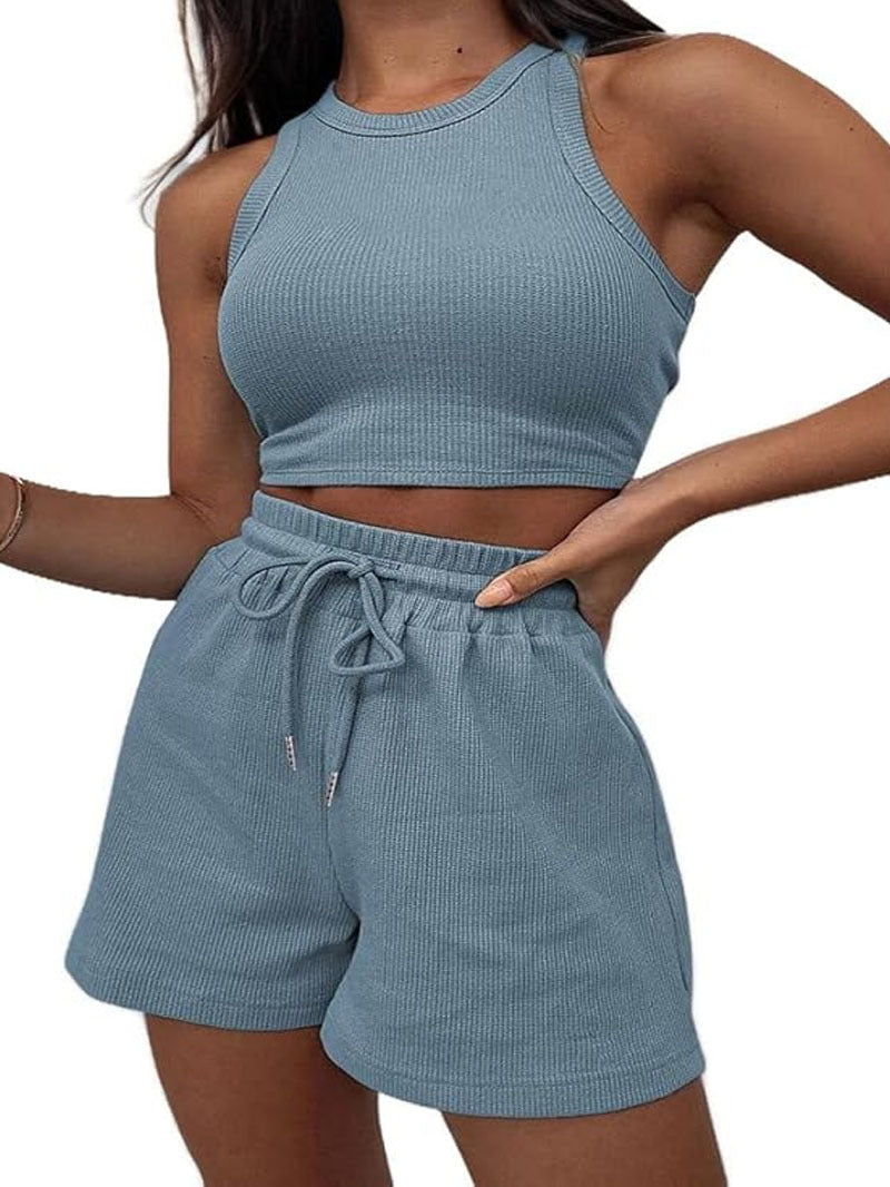 Waffle Texture Sleeveless Vest and Drawstring Shorts