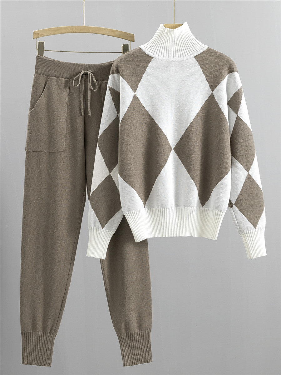 Women Knitted Plaid Two Piece Set