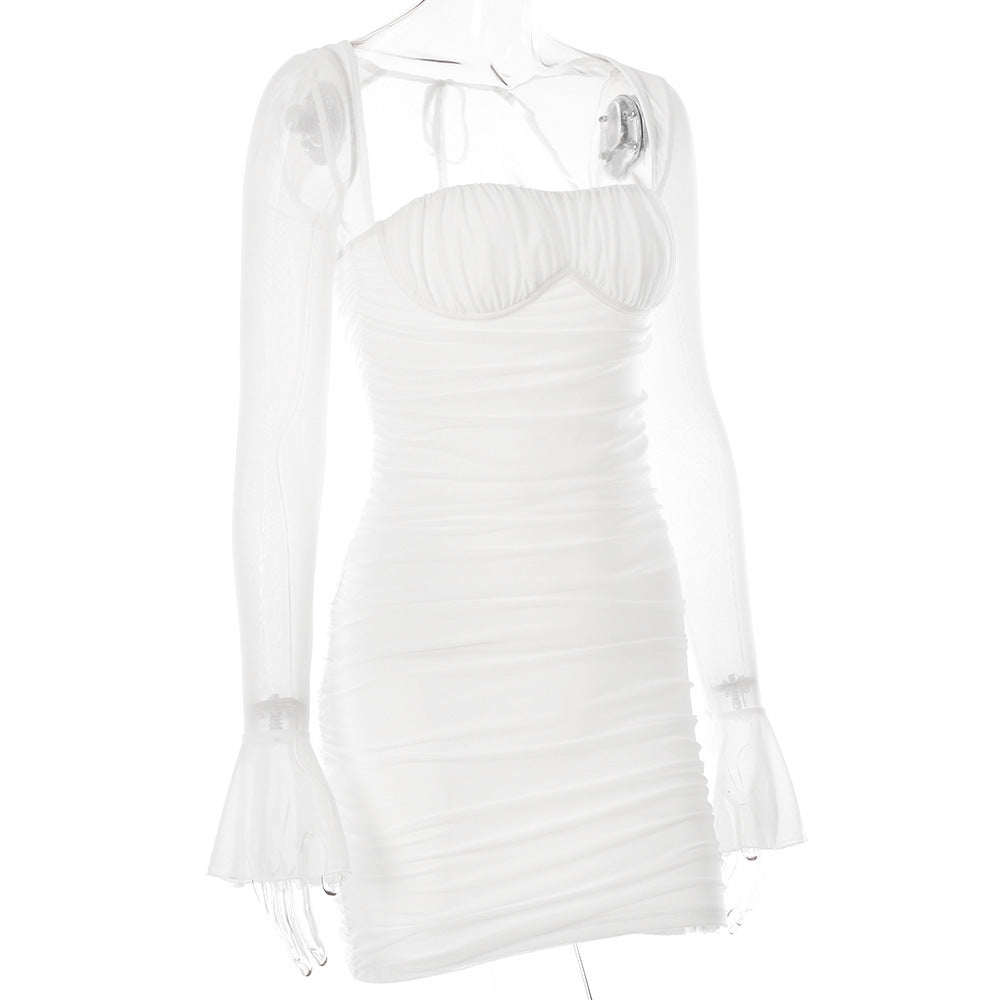 Tight pleated sheer mesh dress