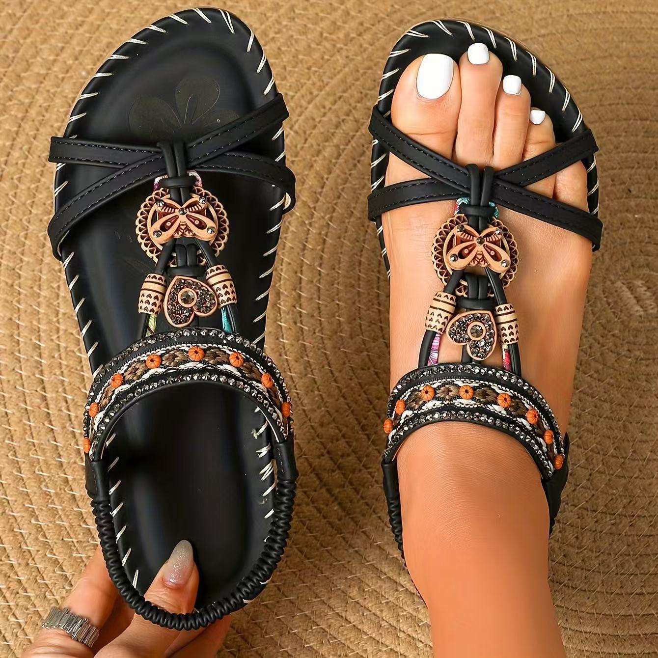 women's flat shoes with handcrafted wooden buttons, bowknots, and rhinestones
