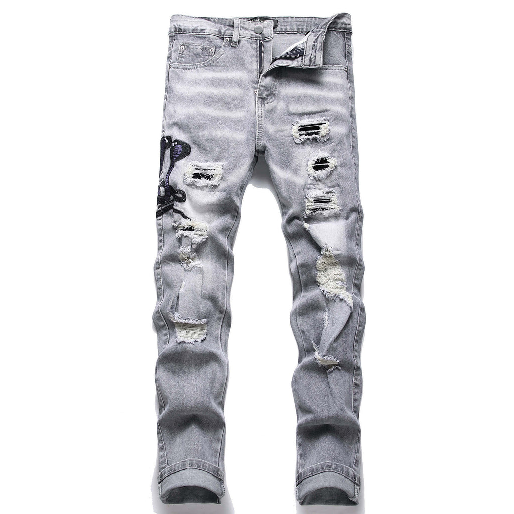 Mens Stretch Ripped Embroidered Jeans