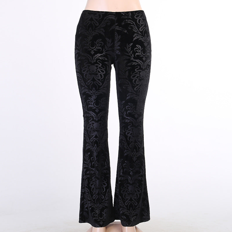 Womens Flared Suede Embossed High Waist Casual Pants
