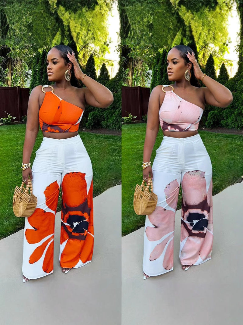 Floral Print Slim-fit Women's Two-piece Pants Set