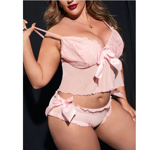 Plus Size Floral Jacquard Ruffle Trim Lingerie Set