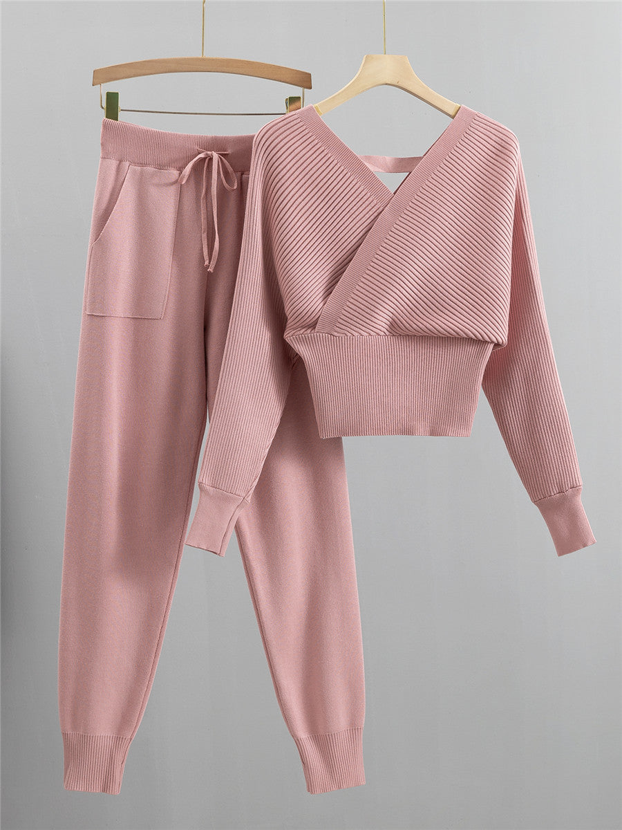 Petite Double V-Neck Off-Shoulder Knit Two-Piece Set for Women