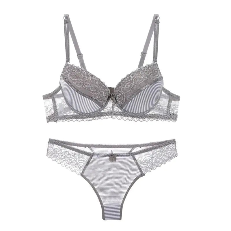 Lace Striped Lingerie Set with Bra and Panties