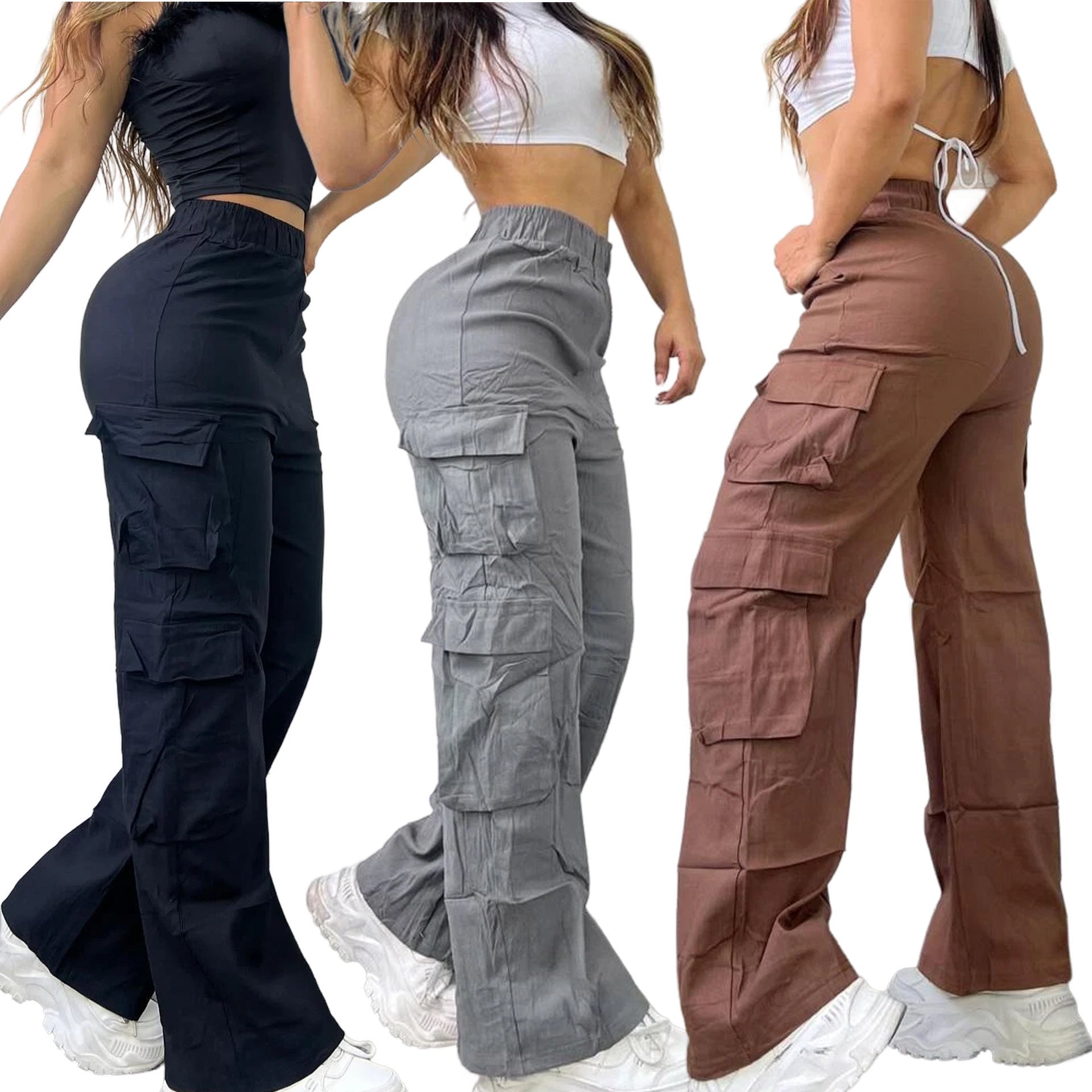 Womens Casual Multi-Pocket Solid Color Cargo Pants Straight Leg Mid-Rise Pants