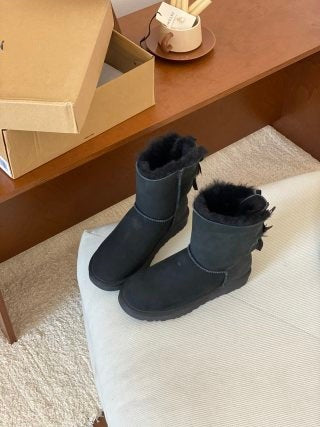Classic Sheepskin Snow Boots with Ribbon Bow