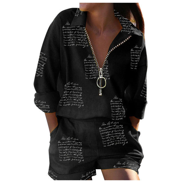 Women's printed zipper shirt and shorts
