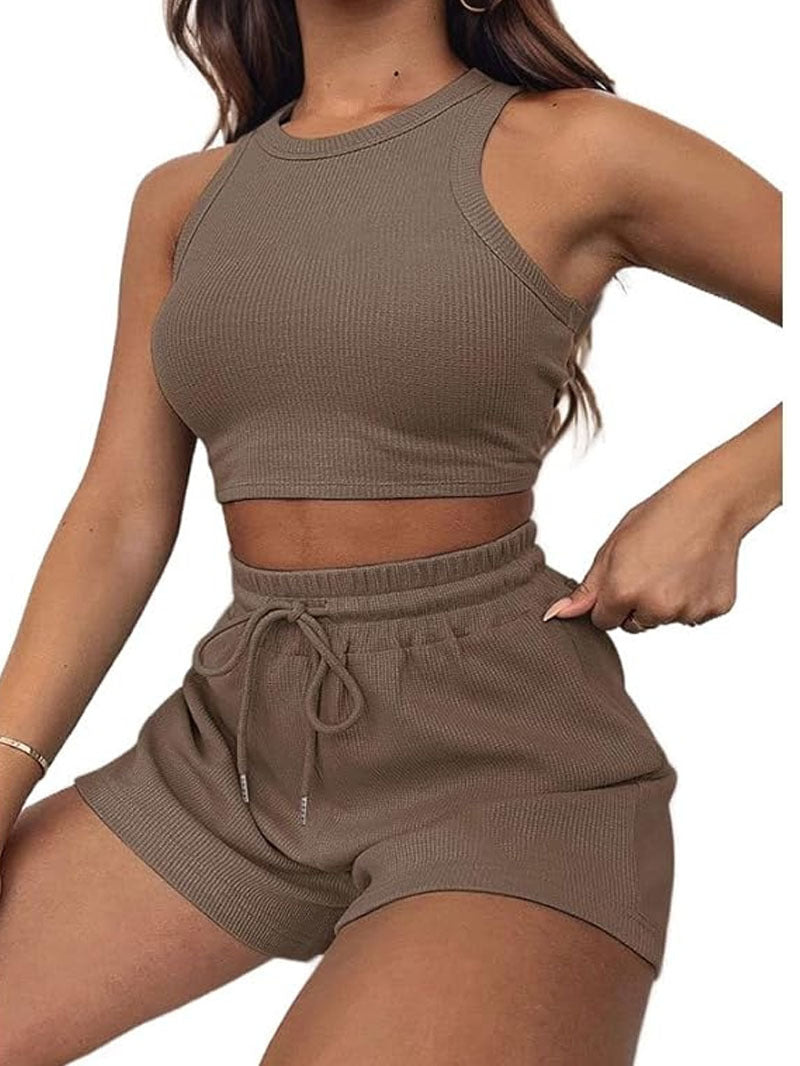Waffle Texture Sleeveless Vest and Drawstring Shorts