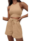 Waffle Texture Sleeveless Vest and Drawstring Shorts