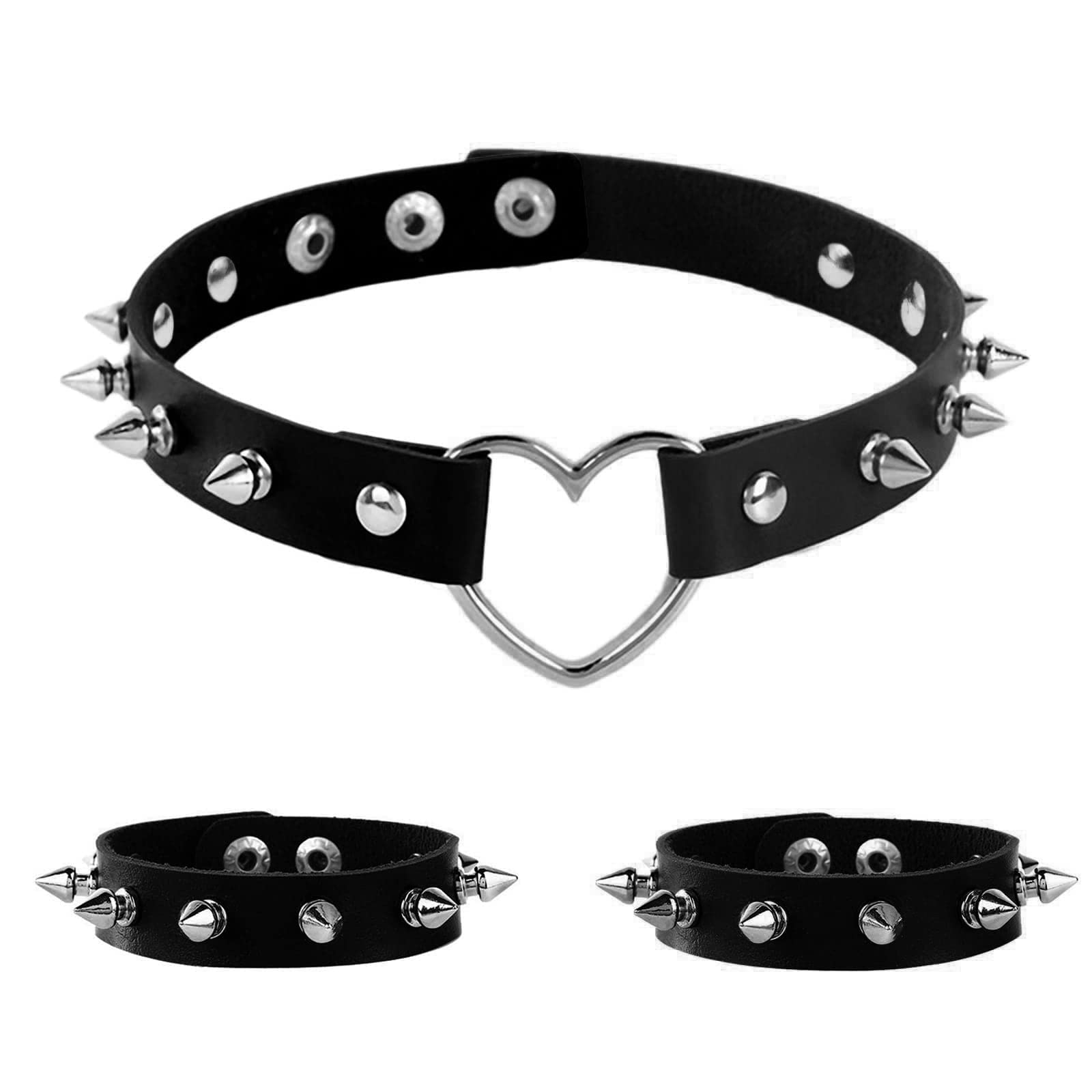 Tosmifairy 3 Pieces Leather Choker Collar and Bracelets Combo Punk Rock Gothic Jewelry Set Emo Costume Accessories for 80s 90s Vintage Womens Men (Black-Heart)