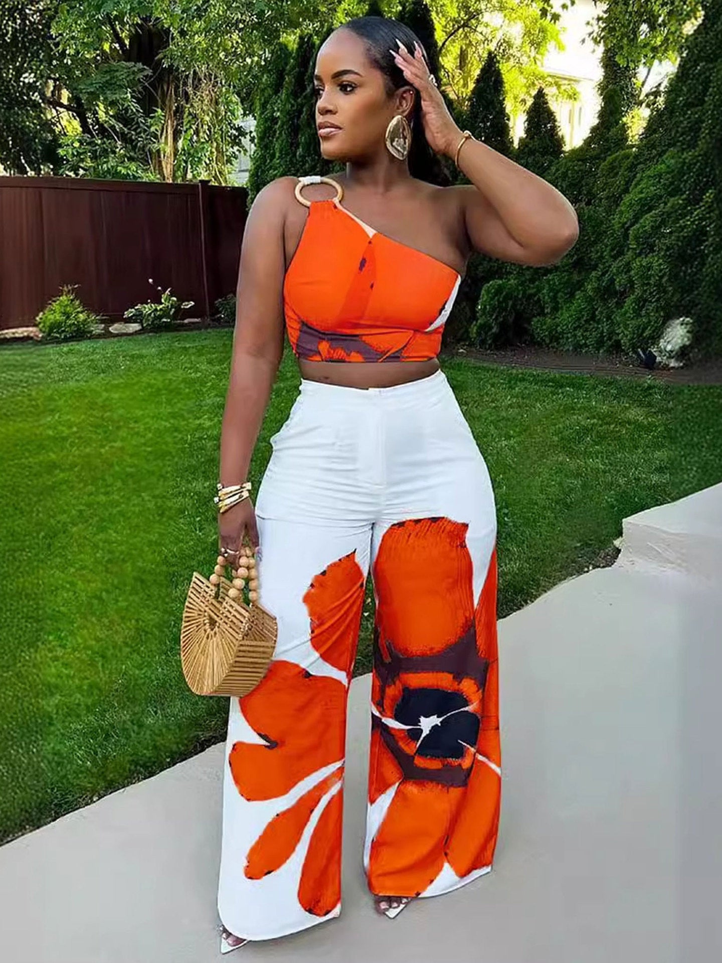 Floral Print Slim-fit Women's Two-piece Pants Set