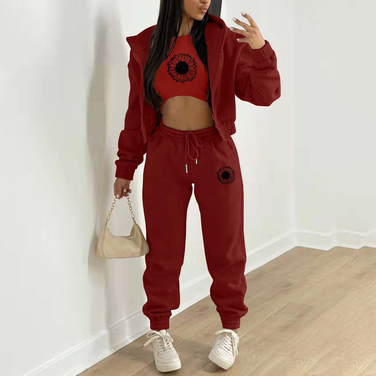 Womens Fleece Lined Hoodie Letter Print Sports Leisure Suit