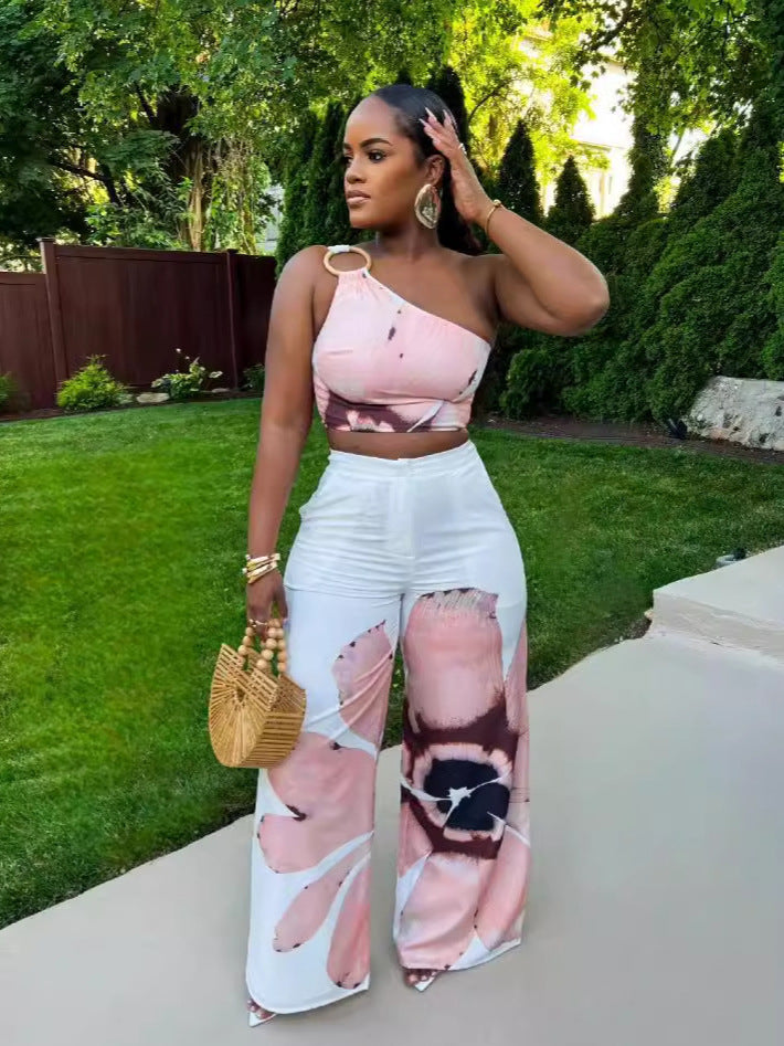 Floral Print Slim-fit Women's Two-piece Pants Set