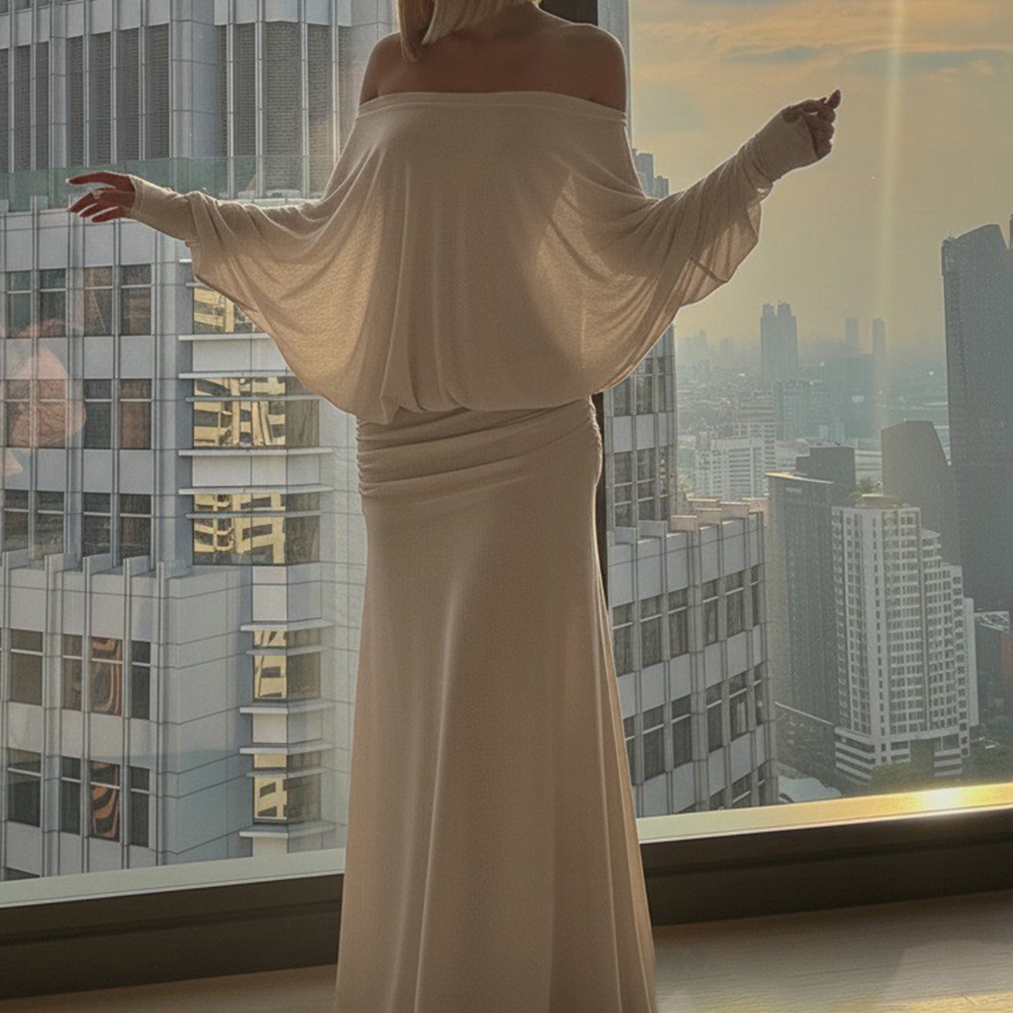 Elegant One-Shoulder Bat Sleeve Dress