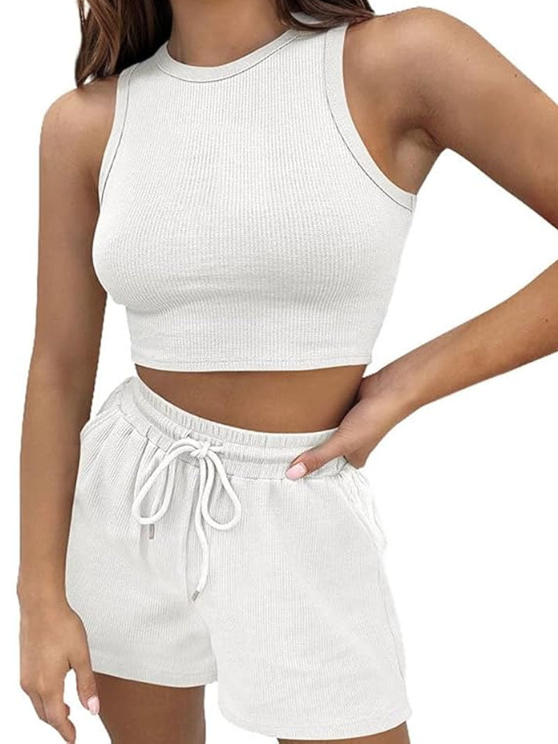 Waffle Texture Sleeveless Vest and Drawstring Shorts