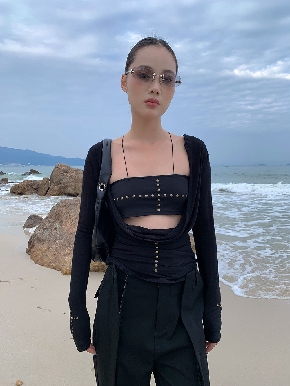 Sexy Swing Collar T-shirt and Wrap Top Set