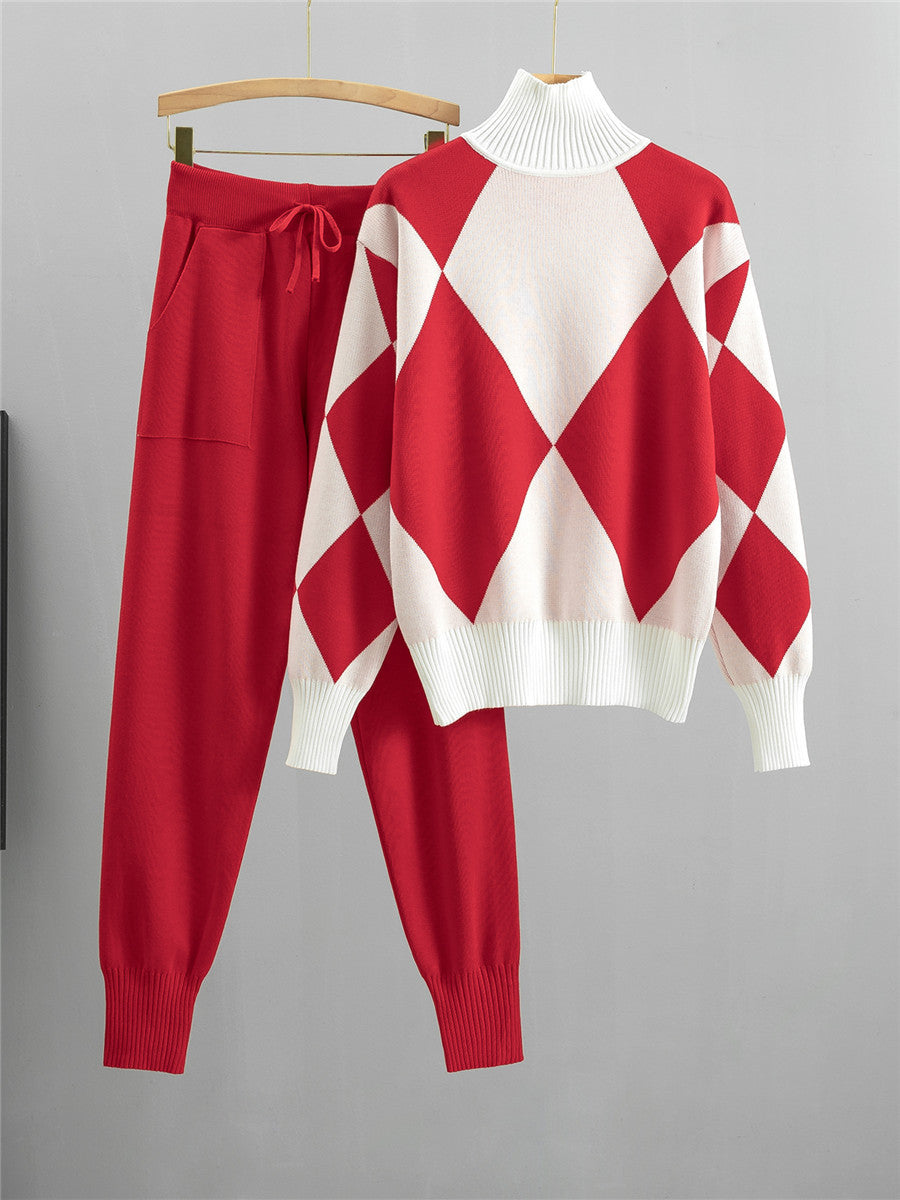 Women Knitted Plaid Two Piece Set