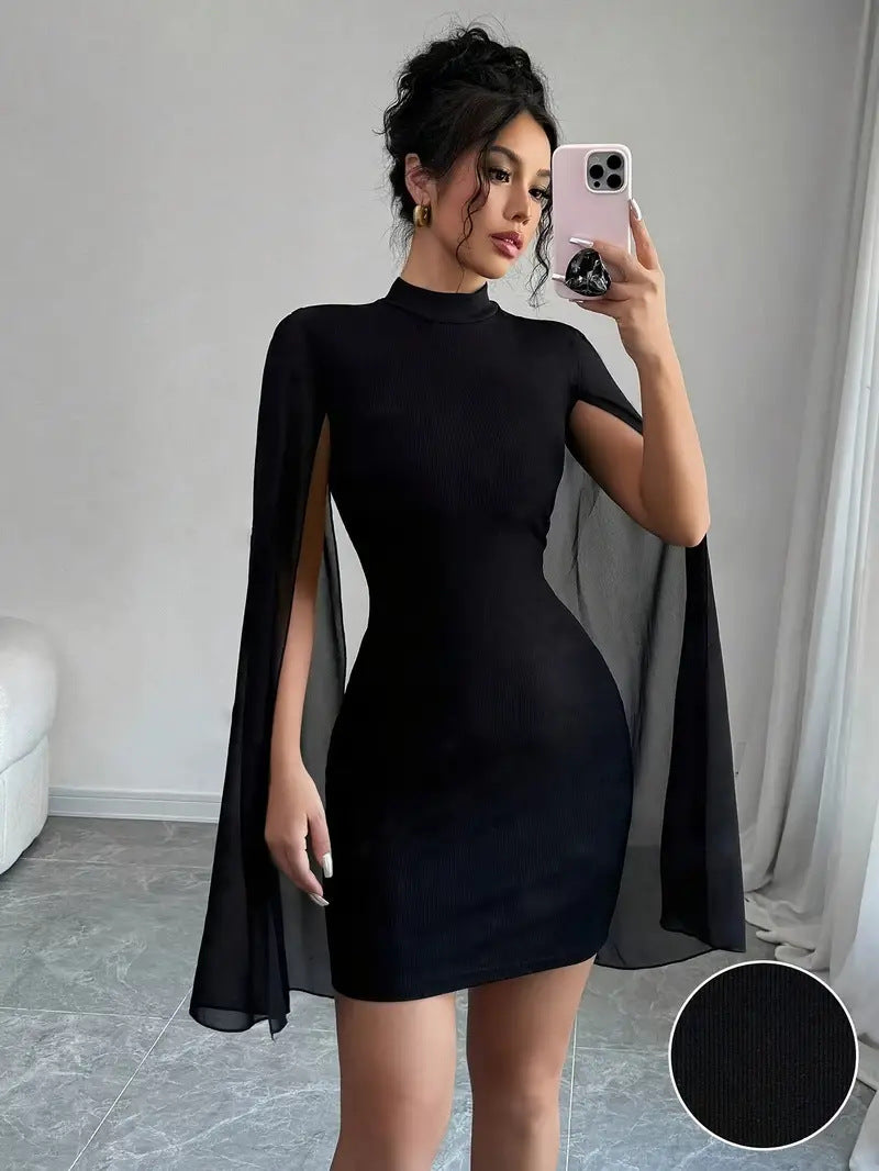 Poncho-style wrap dress with a flared skirt.