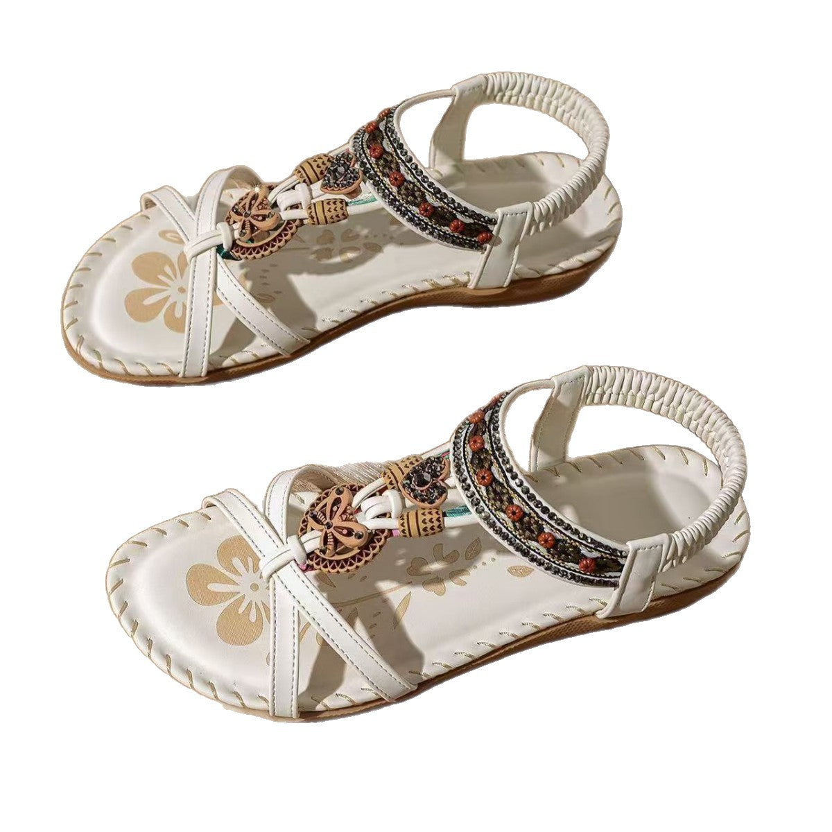 women's flat shoes with handcrafted wooden buttons, bowknots, and rhinestones
