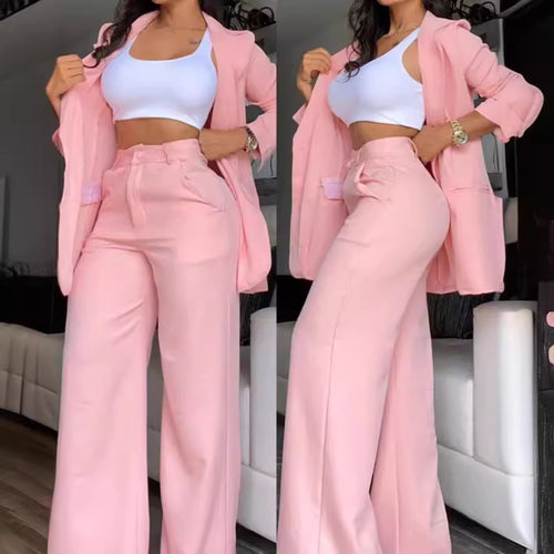 Elegant Solid Color Split Sleeve Lapel Blazer Straight Pants Suit
