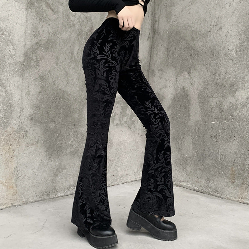 Womens Flared Suede Embossed High Waist Casual Pants