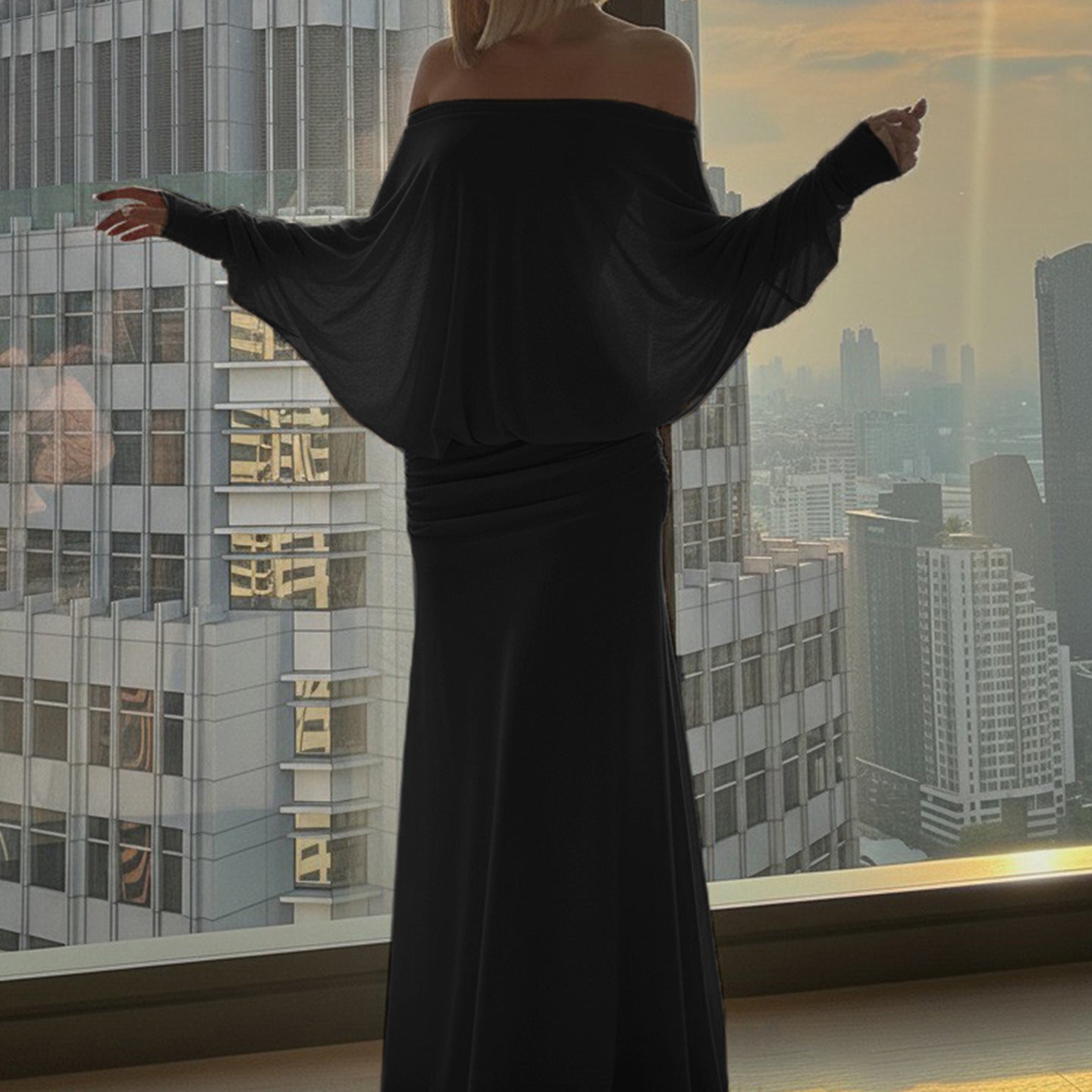 Elegant One-Shoulder Bat Sleeve Dress