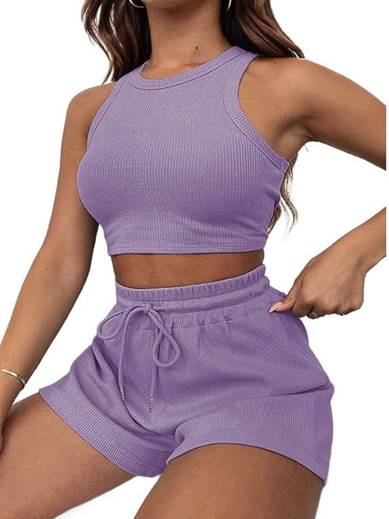 Waffle Texture Sleeveless Vest and Drawstring Shorts