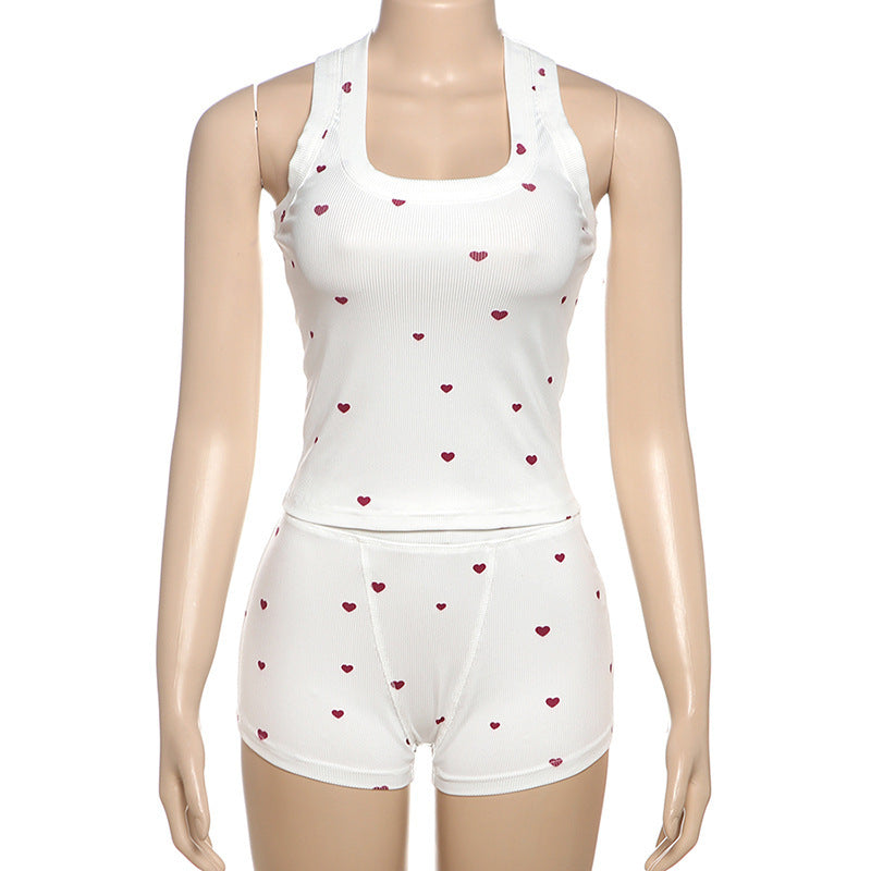 Womens Sleeveless Pajama Set with Heart Pattern
