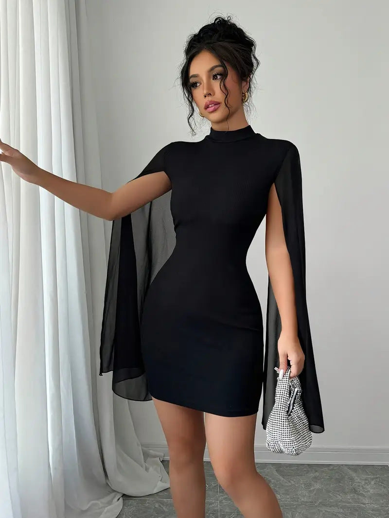 Poncho-style wrap dress with a flared skirt.