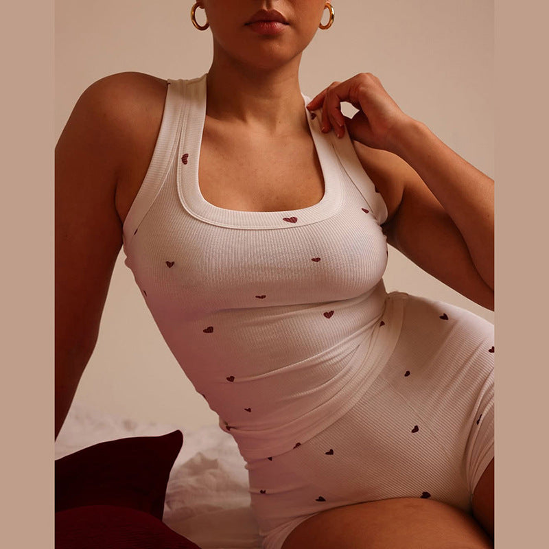 Womens Sleeveless Pajama Set with Heart Pattern