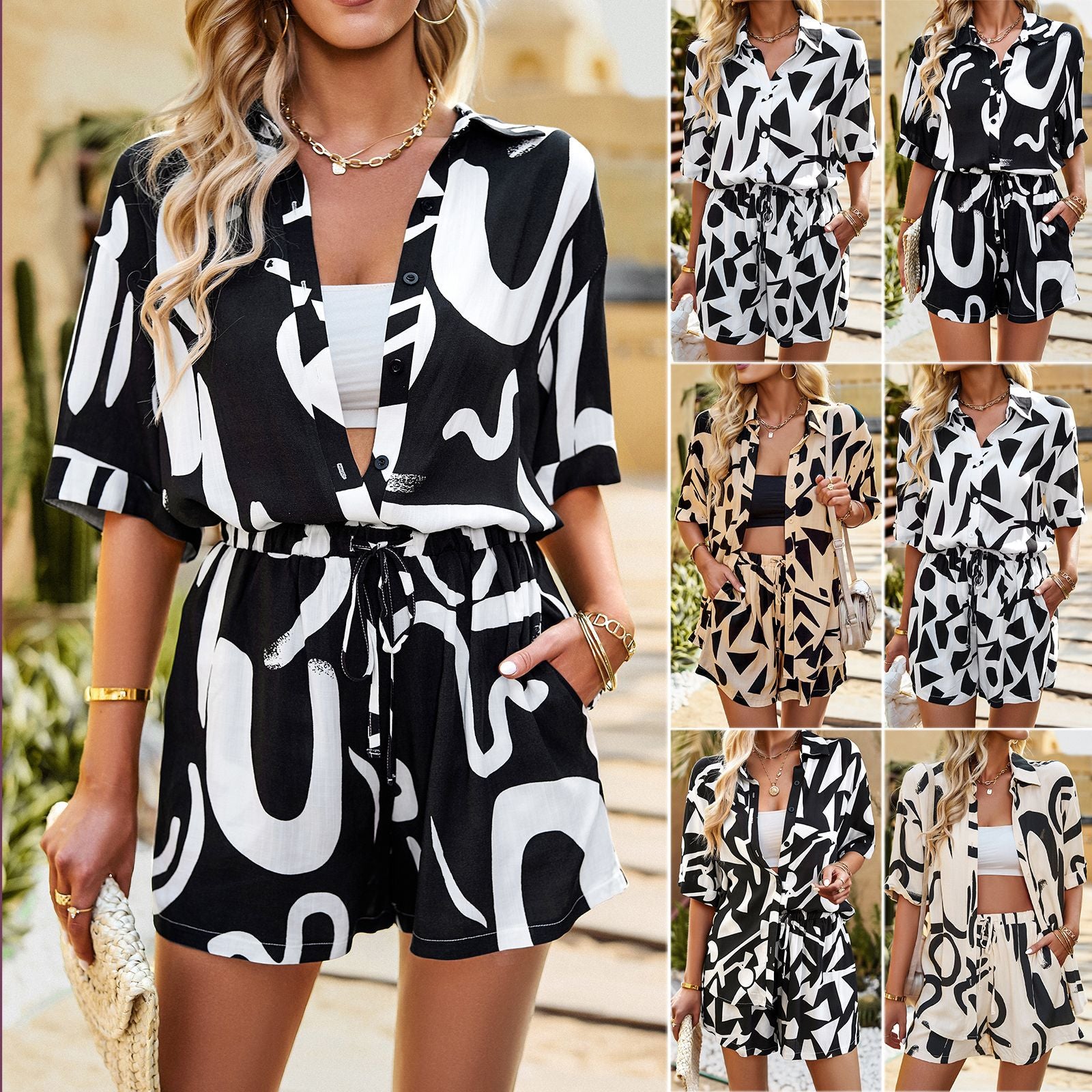 Printed Contrast Color Women's Shirt and Shorts Set