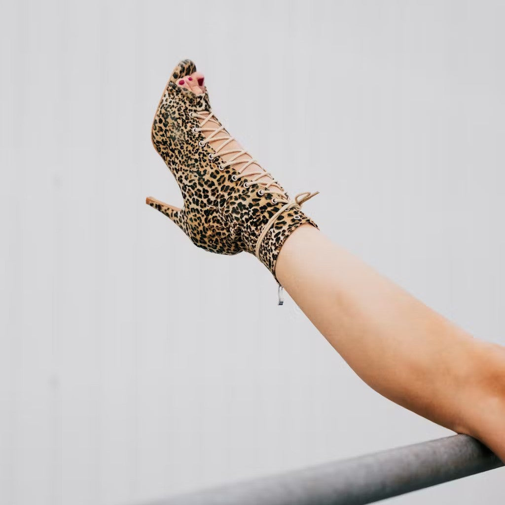 Womens Leopard Print Lace Up Mesh High Heel Court Shoes