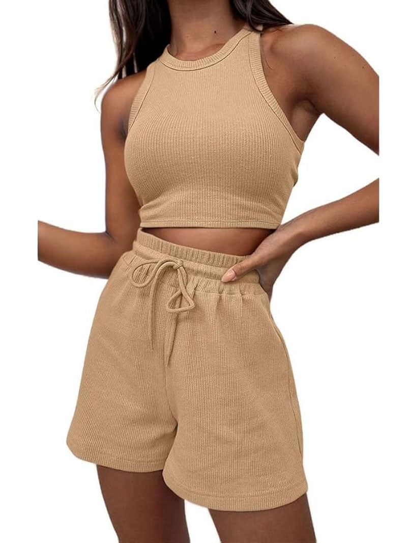 Waffle Texture Sleeveless Vest and Drawstring Shorts