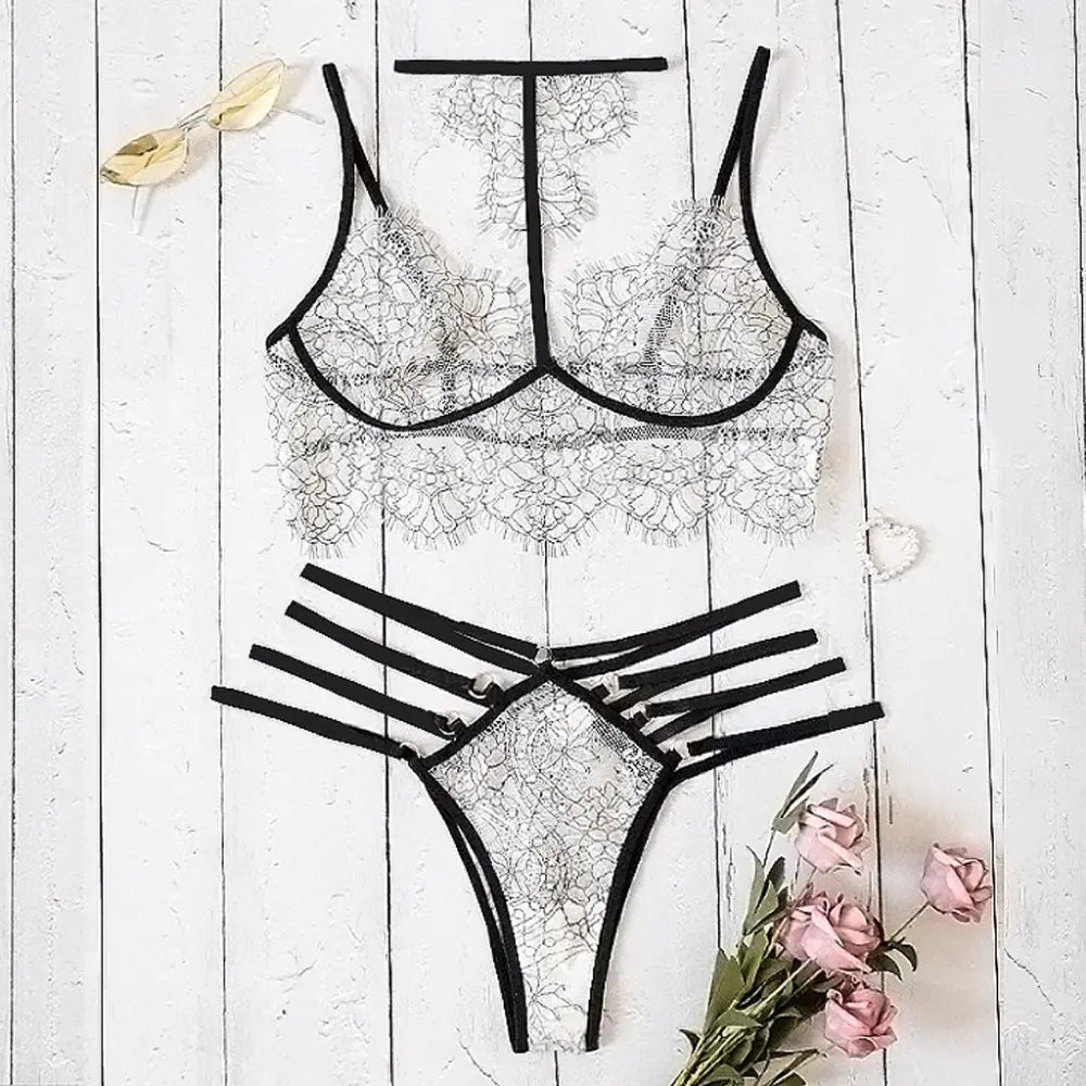 Lace Lingerie Set with Sheer Design and Bodysuit