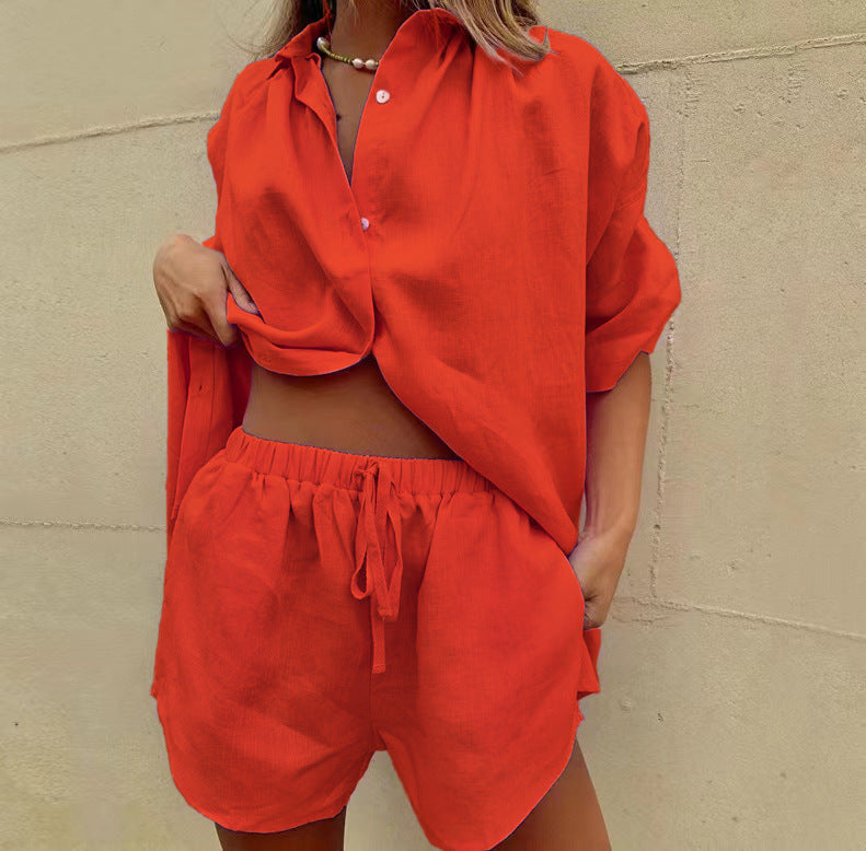 Womens Summer Short Sleeve Shirt and Shorts Set