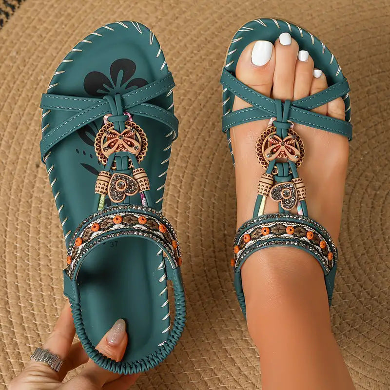 women's flat shoes with handcrafted wooden buttons, bowknots, and rhinestones