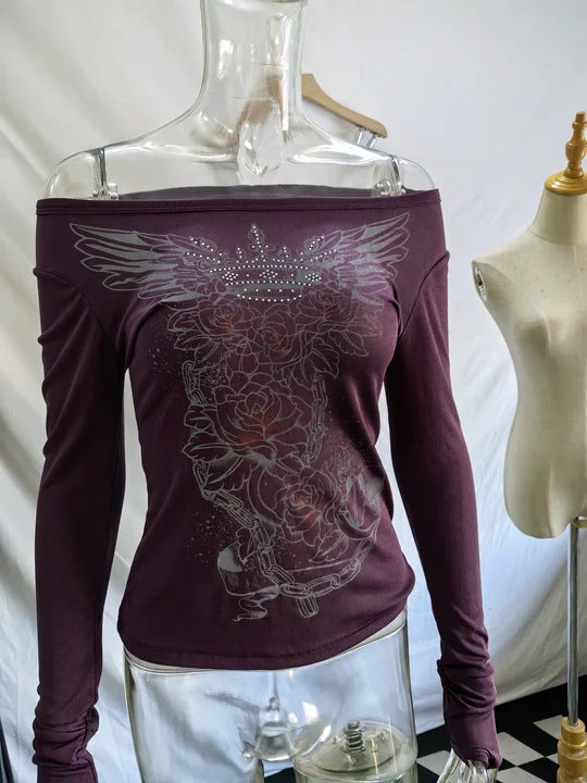 Gothic Print Rhinestone T-Shirt