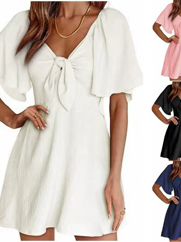 V-neck Bow Tie Short Sleeve Mini Dress