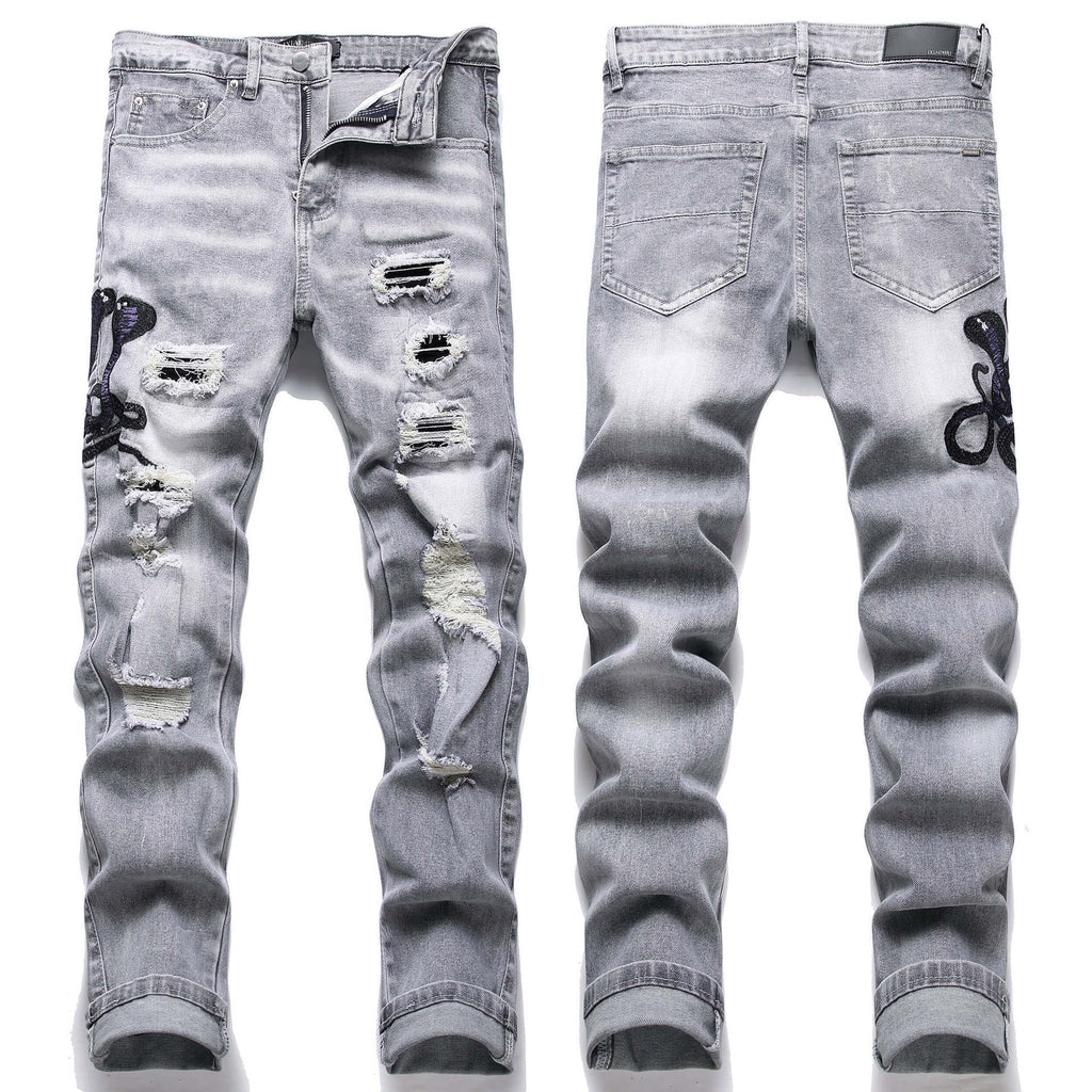 Mens Stretch Ripped Embroidered Jeans