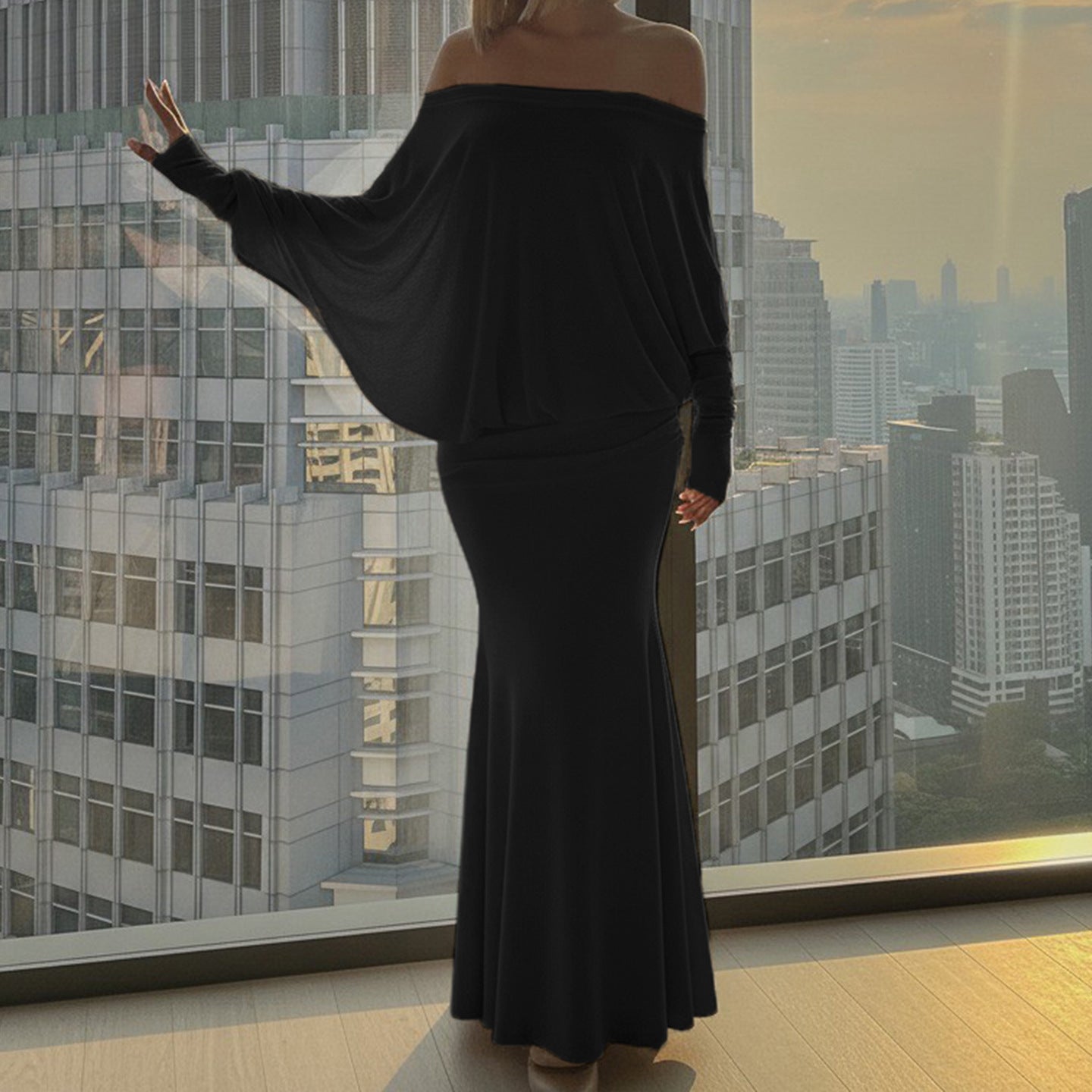 Elegant One-Shoulder Bat Sleeve Dress