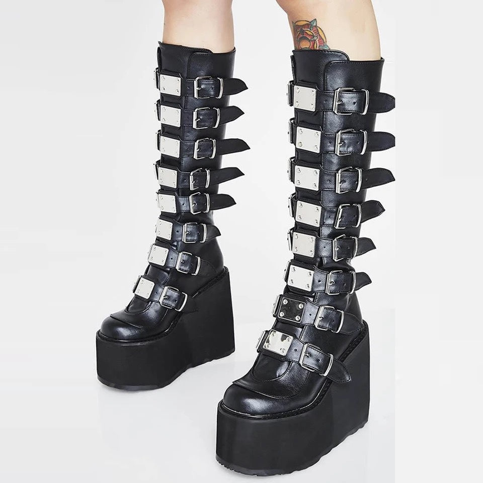 Women's Metal Buckle Platform Knee High Boots